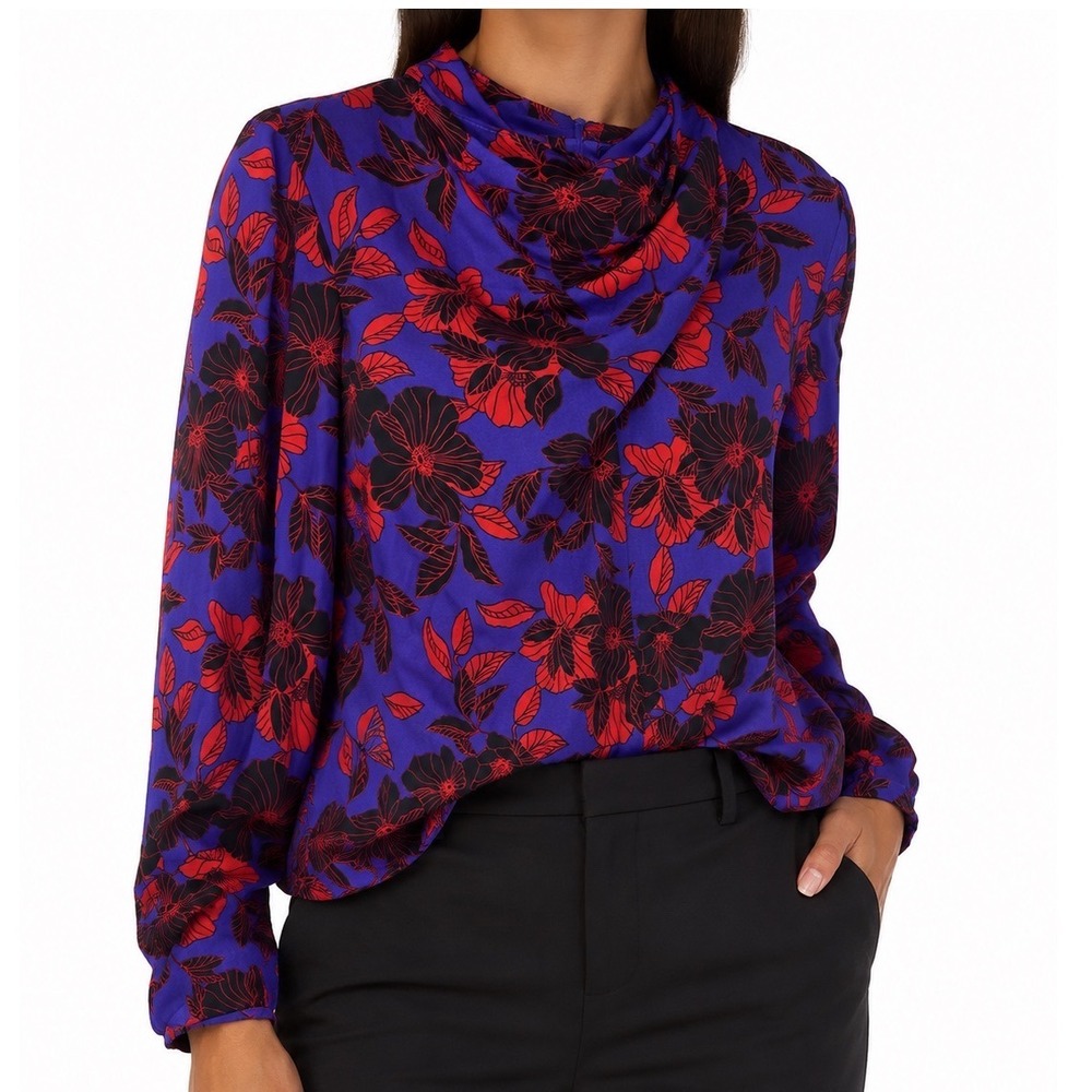 Liz Claiborne Womens XL Purple Floral Long Sleeve Mock Neck Blouse Back Zip Top